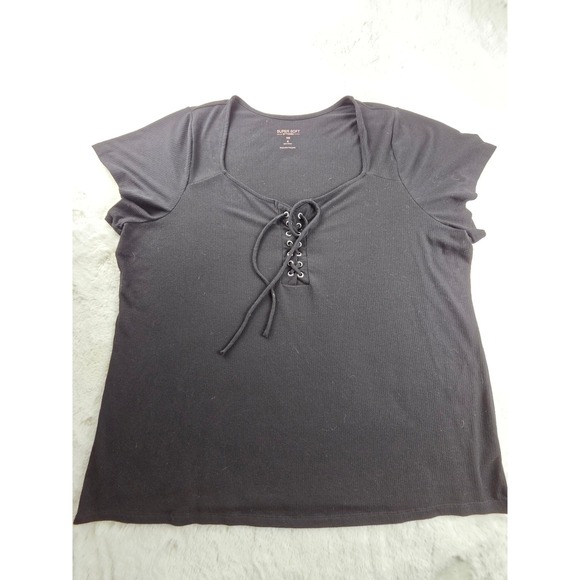 Torrid Super Soft Ribbed Black Lace Up Neck Short Sleeve Top Plus Size 6‎ - Picture 3 of 8